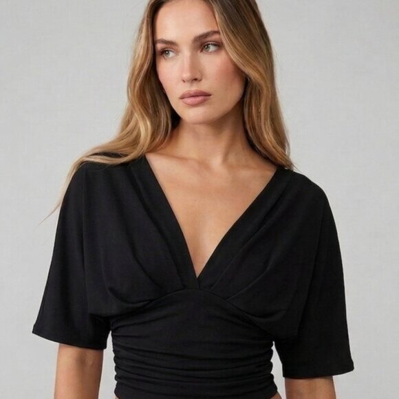 Grey Ruched Deep V-Neck Cropped Top with Dolman Sleeves - Picture 4 of 7